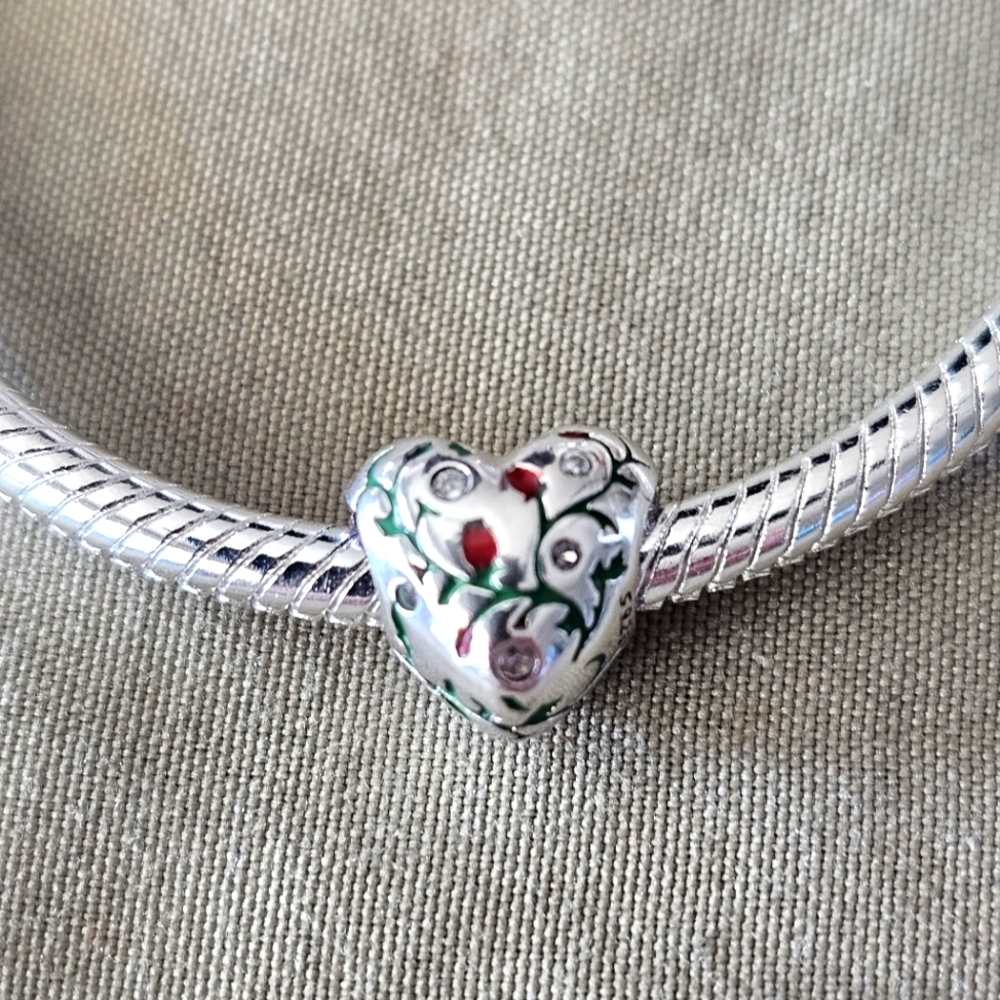 Sterling Silver Heart Charm with Roses & Crystal Accents – Enamel Floral Bead